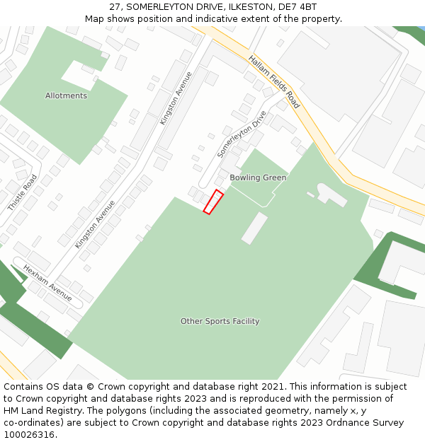 27, SOMERLEYTON DRIVE, ILKESTON, DE7 4BT: Location map and indicative extent of plot