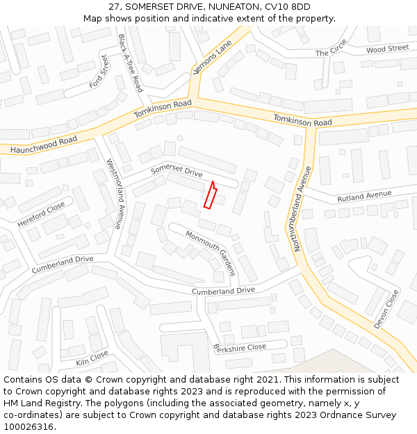 27, SOMERSET DRIVE, NUNEATON, CV10 8DD: Location map and indicative extent of plot