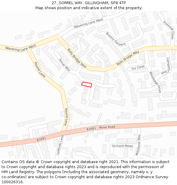 27, SORREL WAY, GILLINGHAM, SP8 4TP: Location map and indicative extent of plot