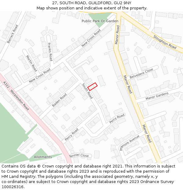 27, SOUTH ROAD, GUILDFORD, GU2 9NY: Location map and indicative extent of plot