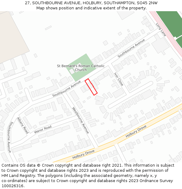 27, SOUTHBOURNE AVENUE, HOLBURY, SOUTHAMPTON, SO45 2NW: Location map and indicative extent of plot