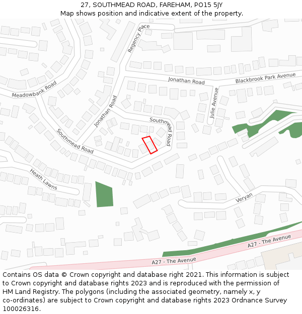 27, SOUTHMEAD ROAD, FAREHAM, PO15 5JY: Location map and indicative extent of plot