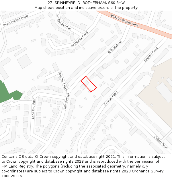 27, SPINNEYFIELD, ROTHERHAM, S60 3HW: Location map and indicative extent of plot