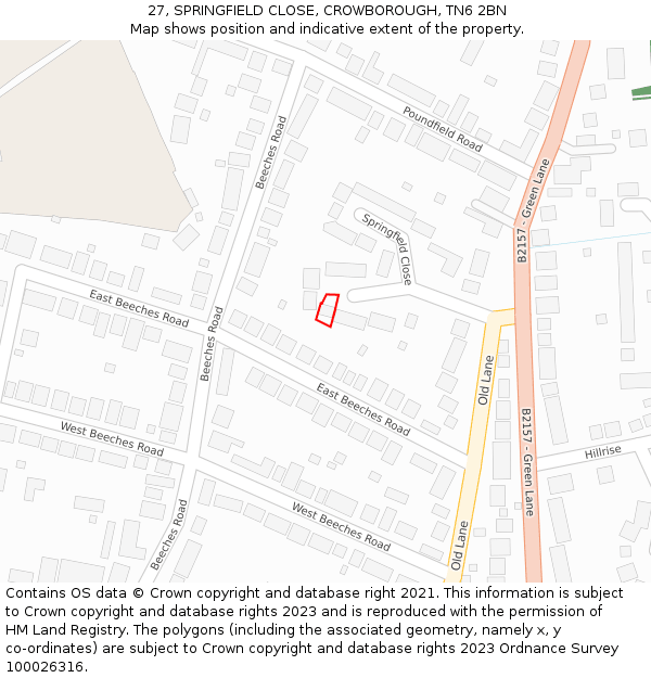 27, SPRINGFIELD CLOSE, CROWBOROUGH, TN6 2BN: Location map and indicative extent of plot