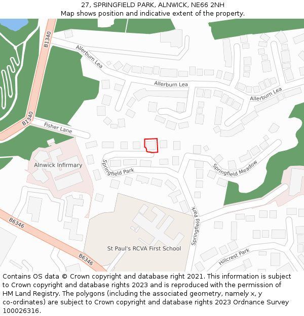 27, SPRINGFIELD PARK, ALNWICK, NE66 2NH: Location map and indicative extent of plot