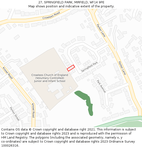 27, SPRINGFIELD PARK, MIRFIELD, WF14 9PE: Location map and indicative extent of plot