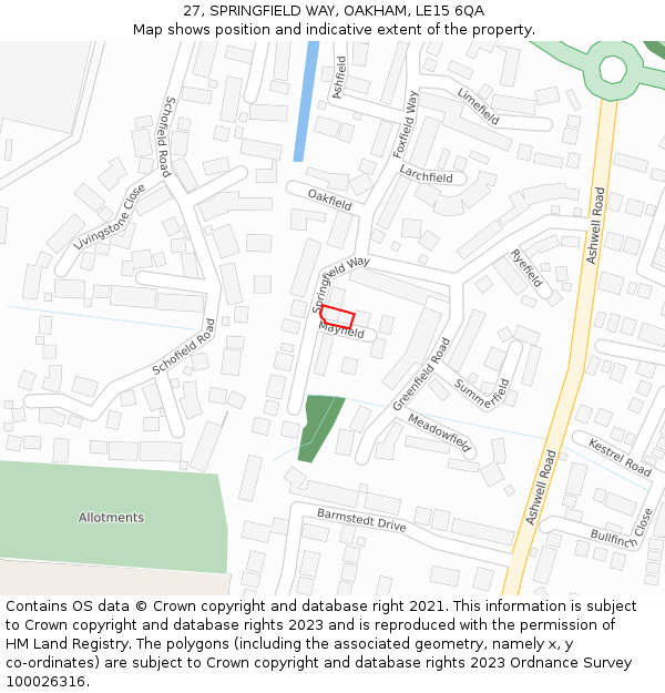 27, SPRINGFIELD WAY, OAKHAM, LE15 6QA: Location map and indicative extent of plot