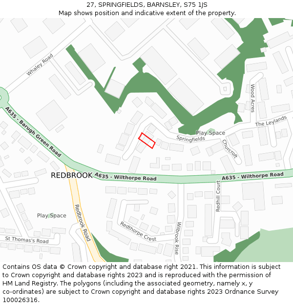 27, SPRINGFIELDS, BARNSLEY, S75 1JS: Location map and indicative extent of plot