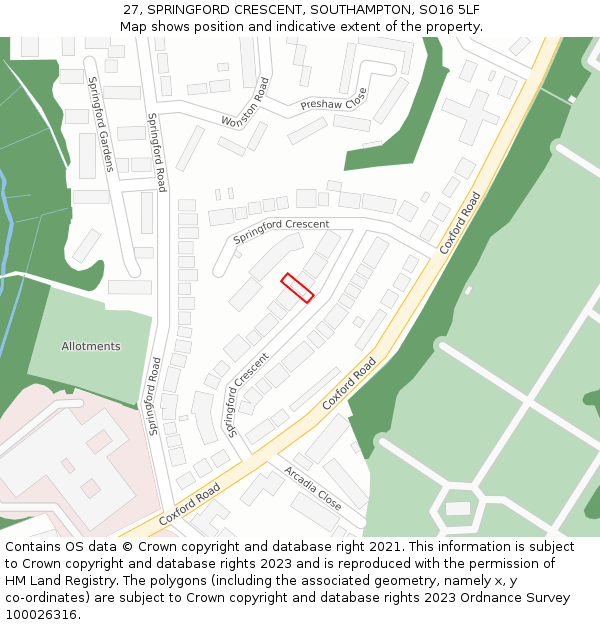 27, SPRINGFORD CRESCENT, SOUTHAMPTON, SO16 5LF: Location map and indicative extent of plot