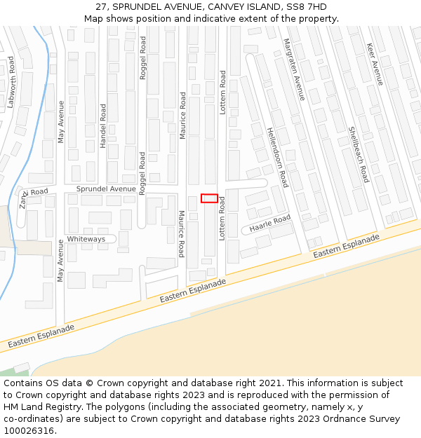 27, SPRUNDEL AVENUE, CANVEY ISLAND, SS8 7HD: Location map and indicative extent of plot