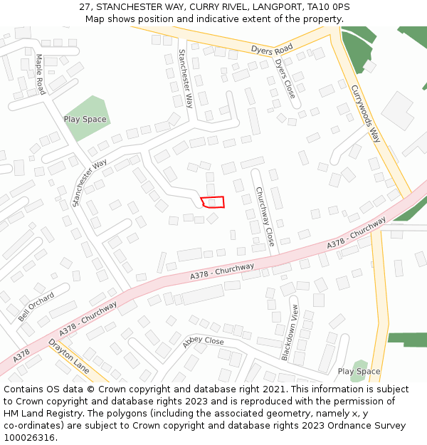 27, STANCHESTER WAY, CURRY RIVEL, LANGPORT, TA10 0PS: Location map and indicative extent of plot