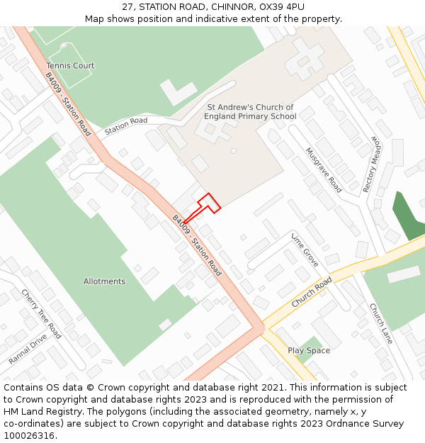 27, STATION ROAD, CHINNOR, OX39 4PU: Location map and indicative extent of plot