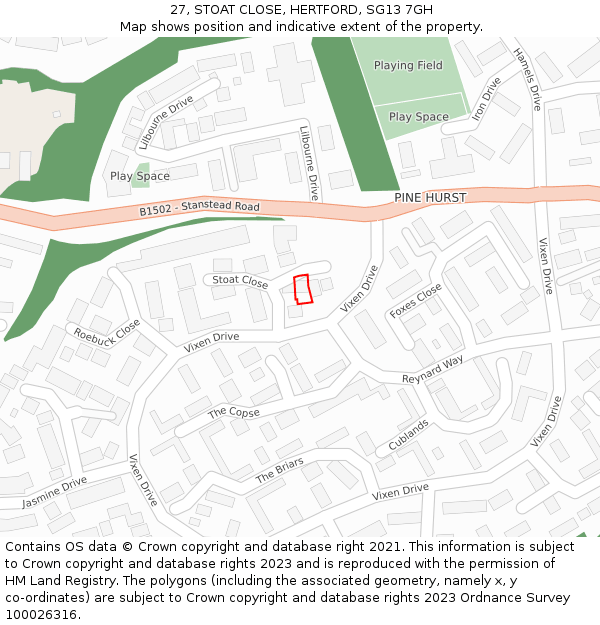 27, STOAT CLOSE, HERTFORD, SG13 7GH: Location map and indicative extent of plot