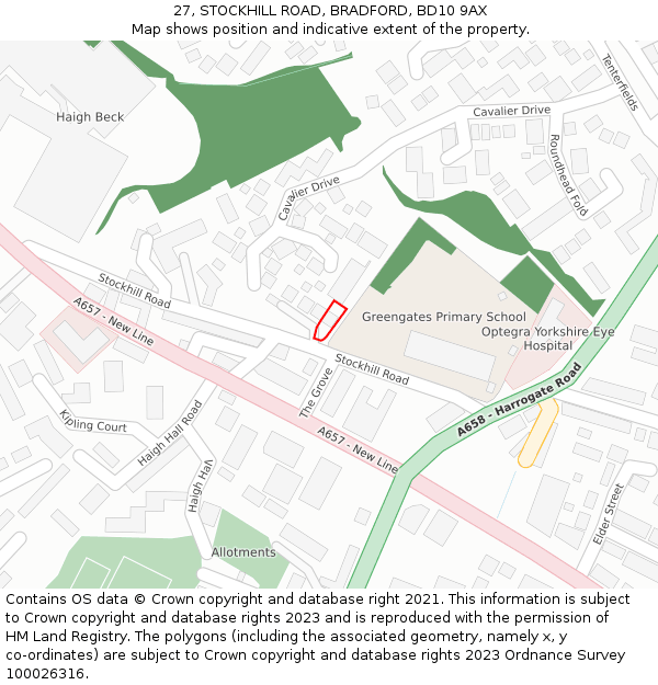 27, STOCKHILL ROAD, BRADFORD, BD10 9AX: Location map and indicative extent of plot