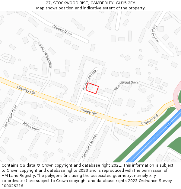 27, STOCKWOOD RISE, CAMBERLEY, GU15 2EA: Location map and indicative extent of plot