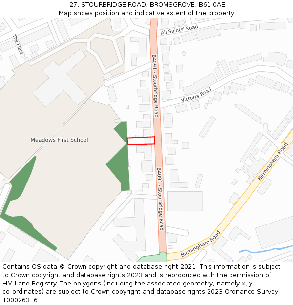 27, STOURBRIDGE ROAD, BROMSGROVE, B61 0AE: Location map and indicative extent of plot