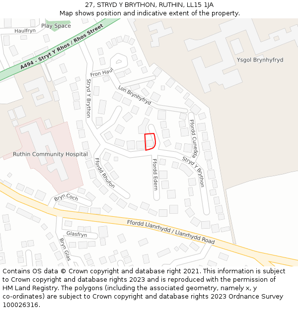 27, STRYD Y BRYTHON, RUTHIN, LL15 1JA: Location map and indicative extent of plot