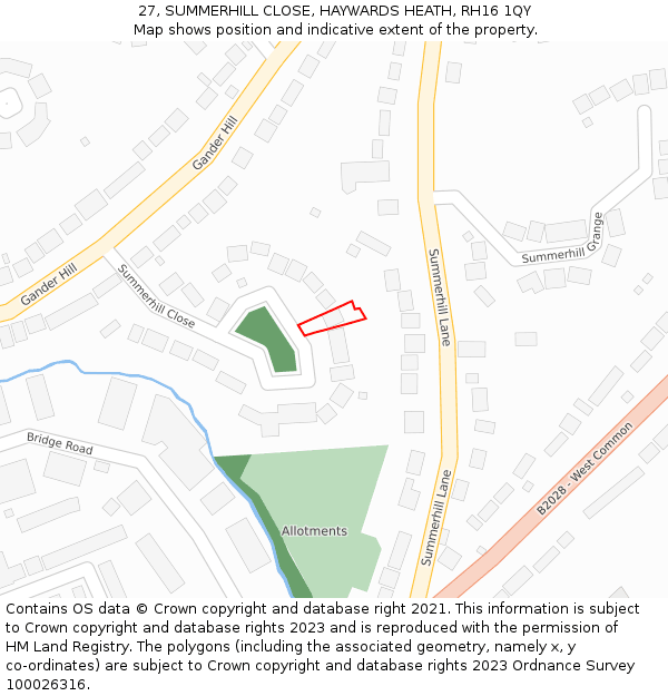 27, SUMMERHILL CLOSE, HAYWARDS HEATH, RH16 1QY: Location map and indicative extent of plot