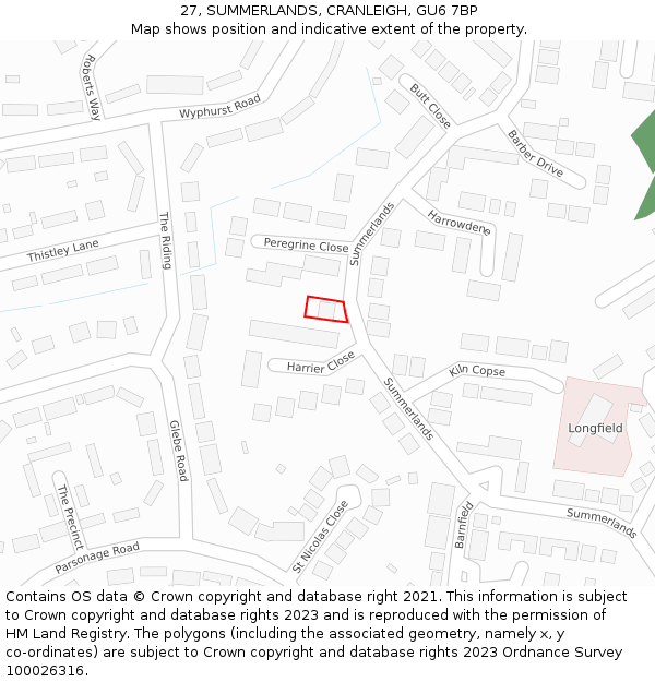 27, SUMMERLANDS, CRANLEIGH, GU6 7BP: Location map and indicative extent of plot