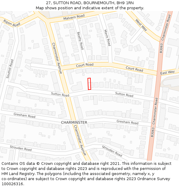 27, SUTTON ROAD, BOURNEMOUTH, BH9 1RN: Location map and indicative extent of plot