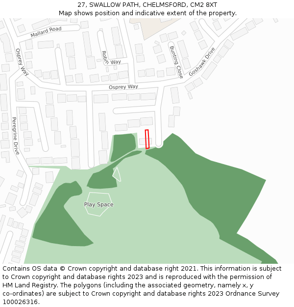 27, SWALLOW PATH, CHELMSFORD, CM2 8XT: Location map and indicative extent of plot