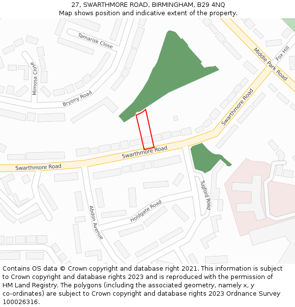 27, SWARTHMORE ROAD, BIRMINGHAM, B29 4NQ: Location map and indicative extent of plot