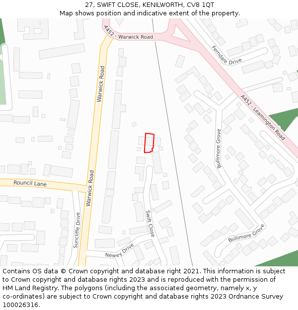 27, SWIFT CLOSE, KENILWORTH, CV8 1QT: Location map and indicative extent of plot