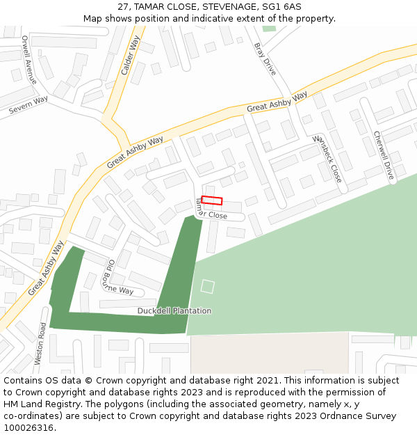 27, TAMAR CLOSE, STEVENAGE, SG1 6AS: Location map and indicative extent of plot