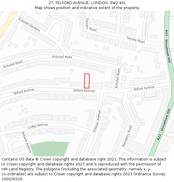 27, TELFORD AVENUE, LONDON, SW2 4XL: Location map and indicative extent of plot