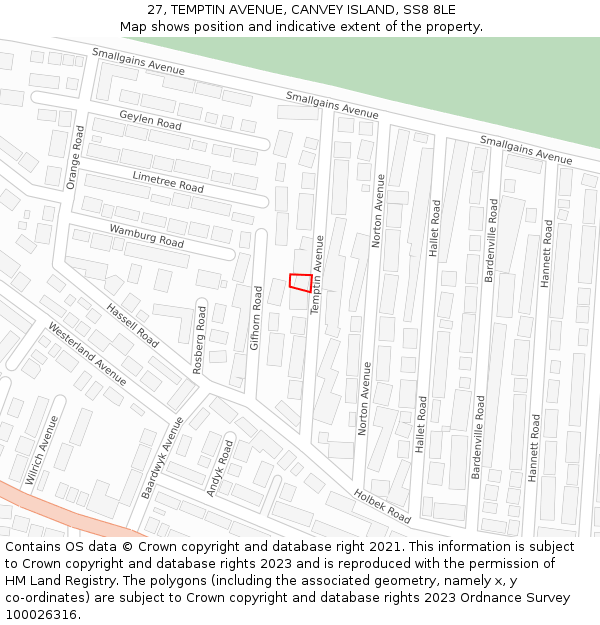 27, TEMPTIN AVENUE, CANVEY ISLAND, SS8 8LE: Location map and indicative extent of plot