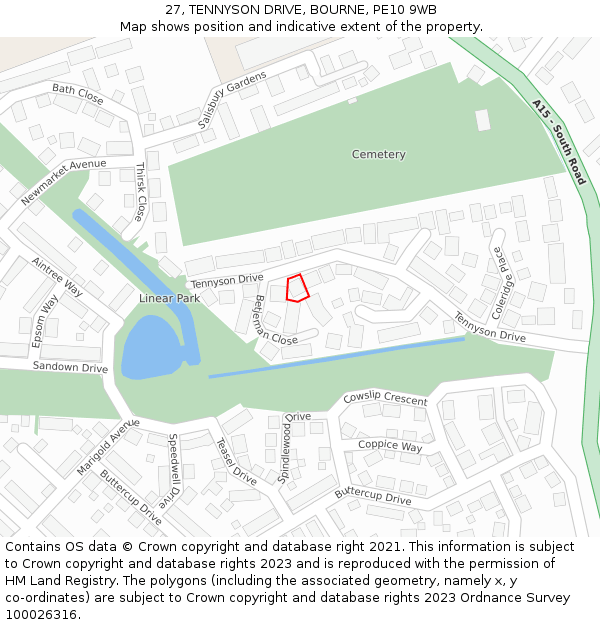 27, TENNYSON DRIVE, BOURNE, PE10 9WB: Location map and indicative extent of plot