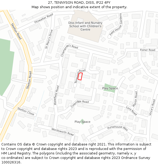 27, TENNYSON ROAD, DISS, IP22 4PY: Location map and indicative extent of plot