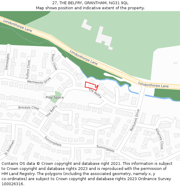 27, THE BELFRY, GRANTHAM, NG31 9QL: Location map and indicative extent of plot