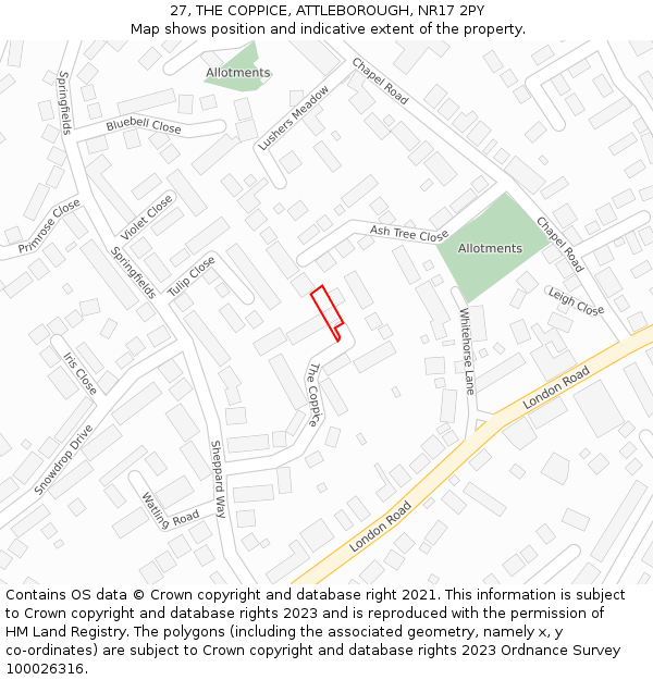 27, THE COPPICE, ATTLEBOROUGH, NR17 2PY: Location map and indicative extent of plot