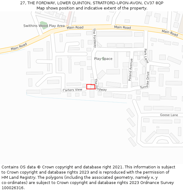 27, THE FORDWAY, LOWER QUINTON, STRATFORD-UPON-AVON, CV37 8QP: Location map and indicative extent of plot