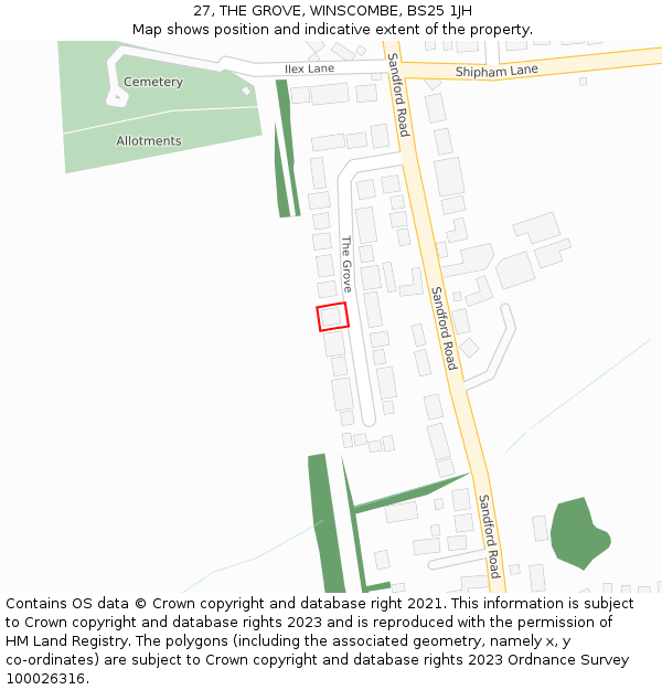 27, THE GROVE, WINSCOMBE, BS25 1JH: Location map and indicative extent of plot