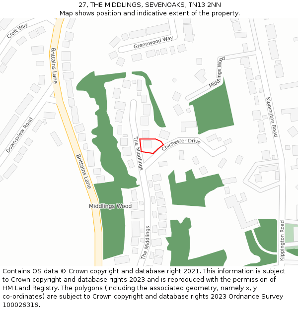 27, THE MIDDLINGS, SEVENOAKS, TN13 2NN: Location map and indicative extent of plot