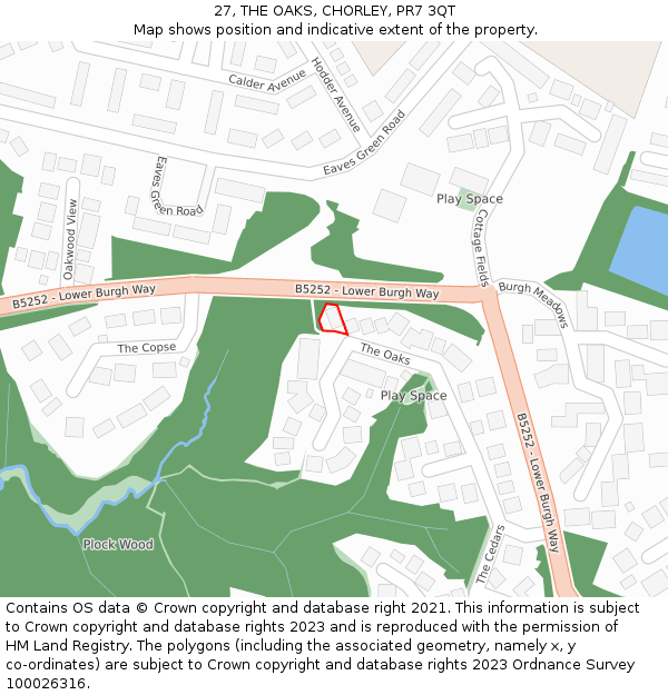 27, THE OAKS, CHORLEY, PR7 3QT: Location map and indicative extent of plot