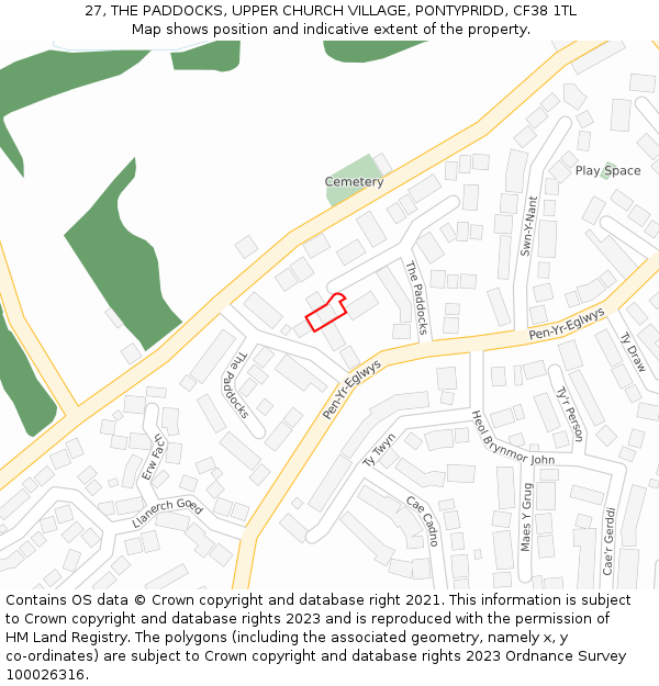 27, THE PADDOCKS, UPPER CHURCH VILLAGE, PONTYPRIDD, CF38 1TL: Location map and indicative extent of plot