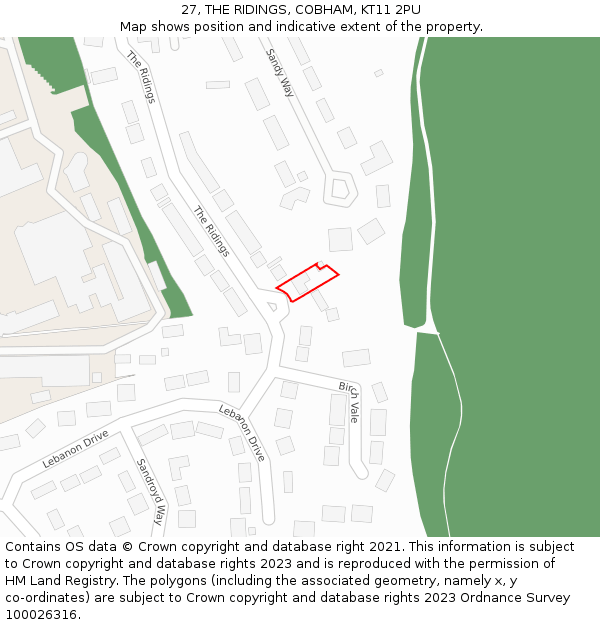 27, THE RIDINGS, COBHAM, KT11 2PU: Location map and indicative extent of plot