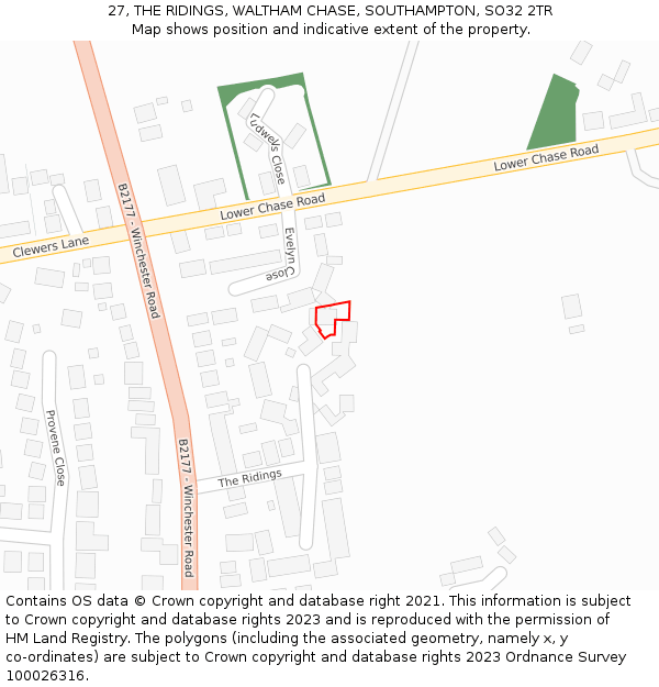 27, THE RIDINGS, WALTHAM CHASE, SOUTHAMPTON, SO32 2TR: Location map and indicative extent of plot