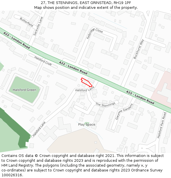 27, THE STENNINGS, EAST GRINSTEAD, RH19 1PF: Location map and indicative extent of plot