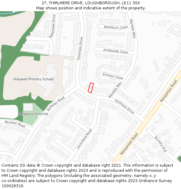 27, THIRLMERE DRIVE, LOUGHBOROUGH, LE11 3SX: Location map and indicative extent of plot