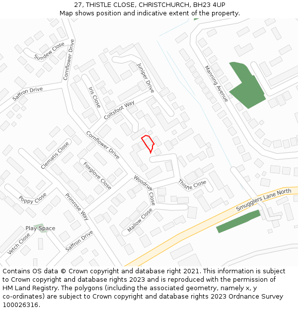 27, THISTLE CLOSE, CHRISTCHURCH, BH23 4UP: Location map and indicative extent of plot