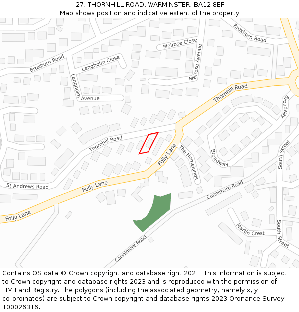 27, THORNHILL ROAD, WARMINSTER, BA12 8EF: Location map and indicative extent of plot