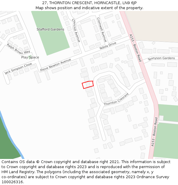 27, THORNTON CRESCENT, HORNCASTLE, LN9 6JP: Location map and indicative extent of plot