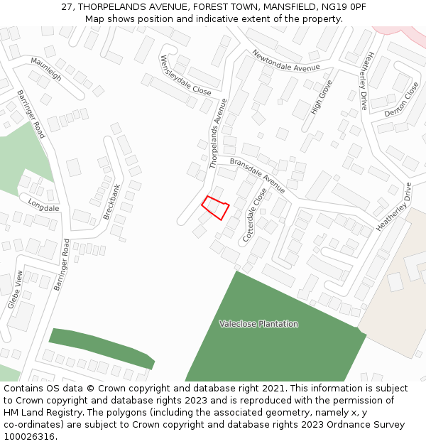 27, THORPELANDS AVENUE, FOREST TOWN, MANSFIELD, NG19 0PF: Location map and indicative extent of plot