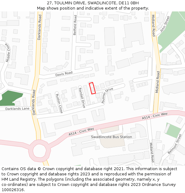 27, TOULMIN DRIVE, SWADLINCOTE, DE11 0BH: Location map and indicative extent of plot