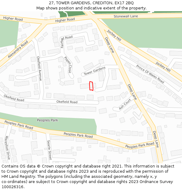 27, TOWER GARDENS, CREDITON, EX17 2BQ: Location map and indicative extent of plot