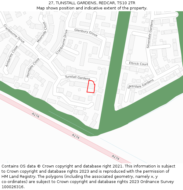 27, TUNSTALL GARDENS, REDCAR, TS10 2TR: Location map and indicative extent of plot